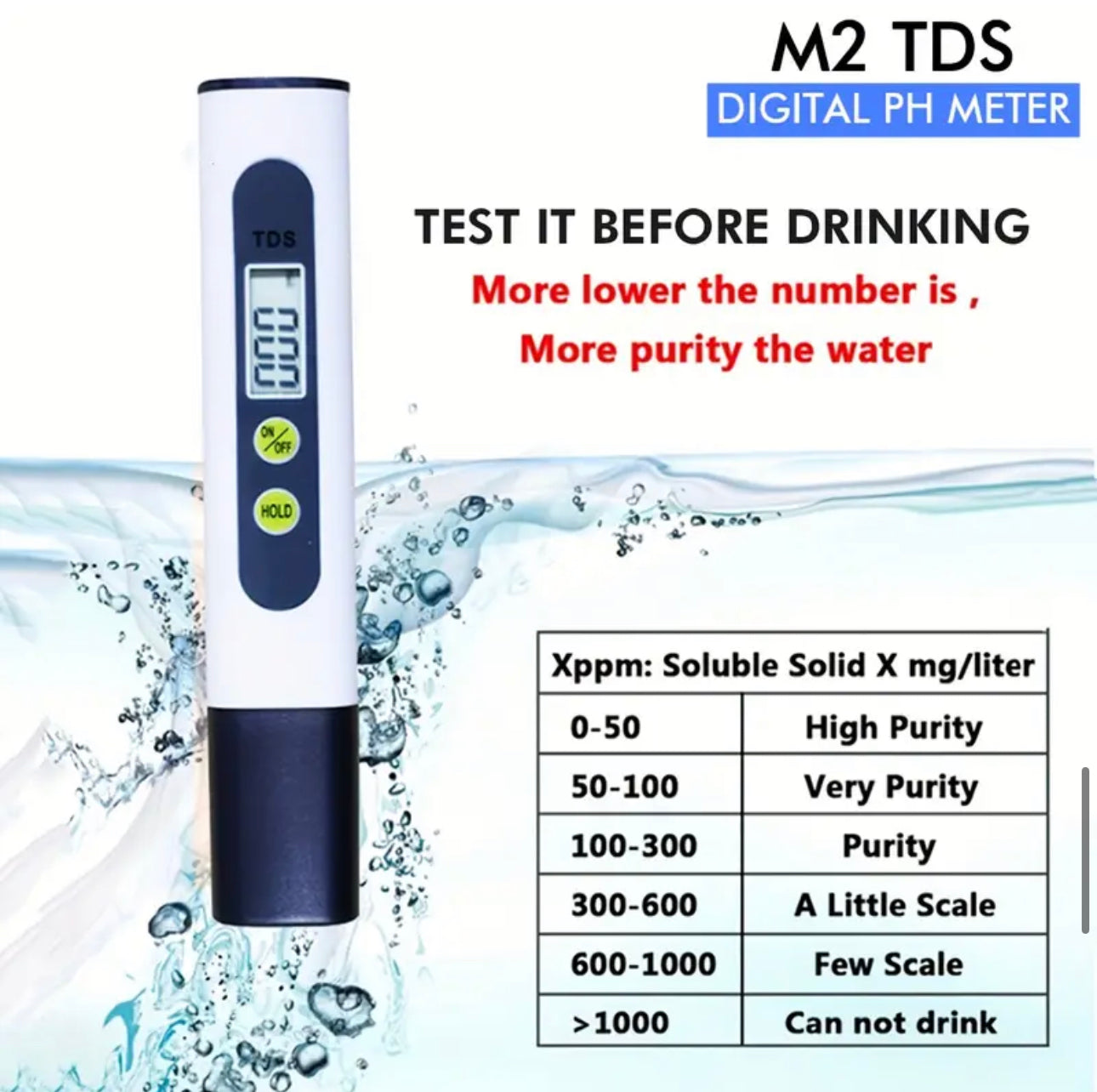 PH TDS Meter Digital Tester Pen, SPA Water Quality Monitor